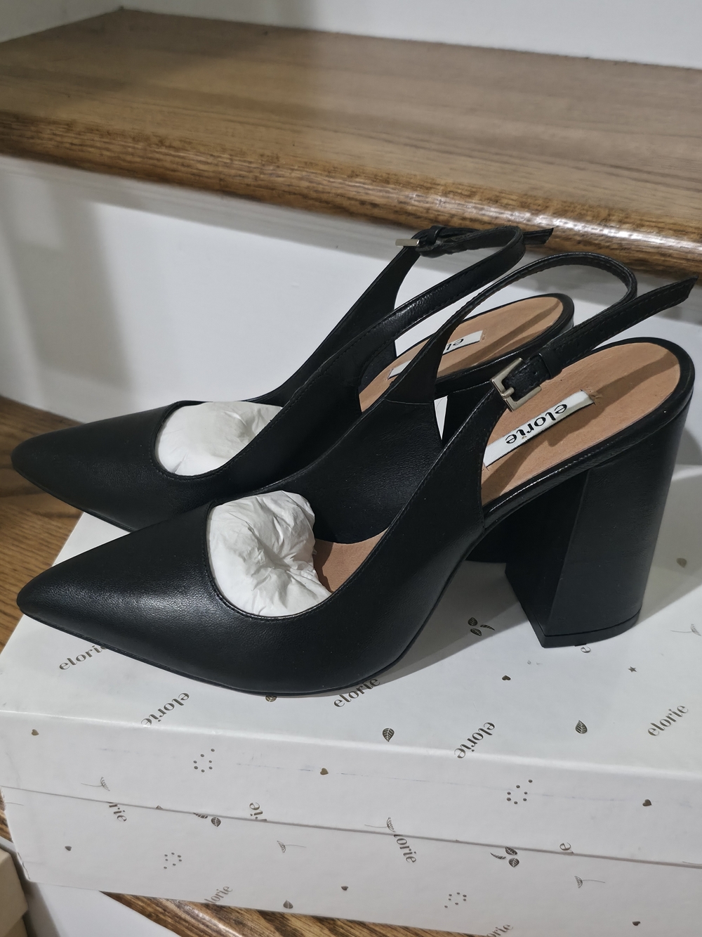 Black Pointed Slingback Block Heel Pumps